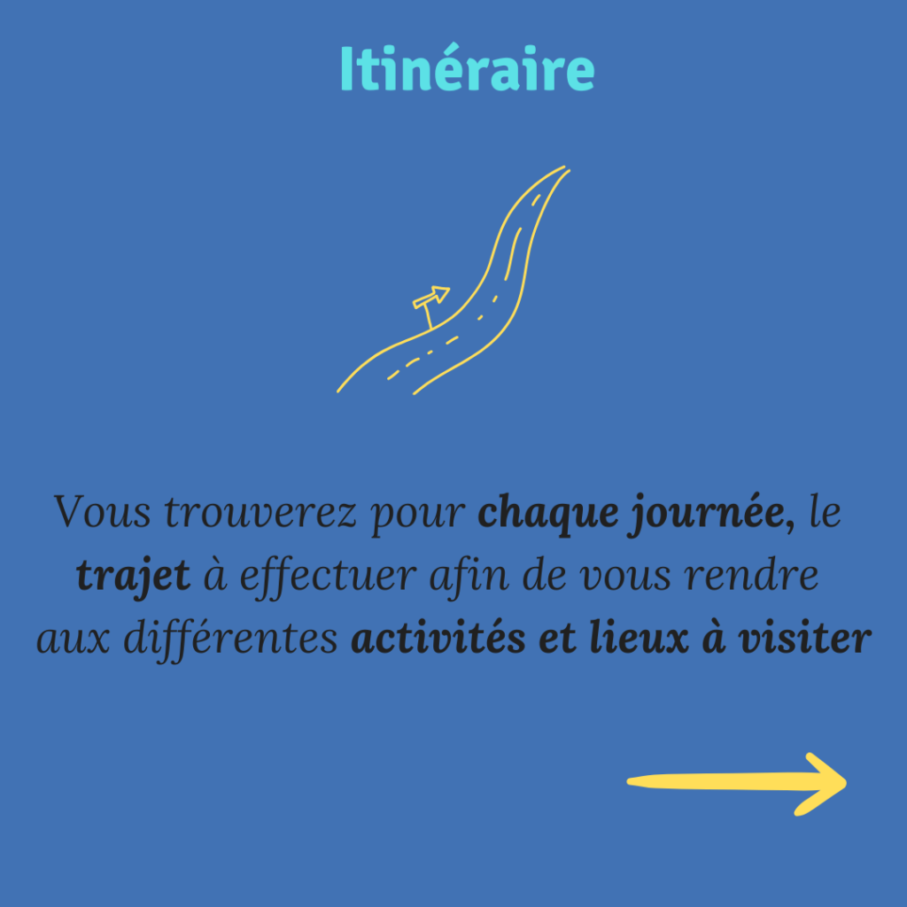 ALT" itinéraire : Vous trouverez pour chaque journée, le trajet à effectuer afin de vous rendre aux différentes activités et lieux à visiter de votre voyage sur mesure"