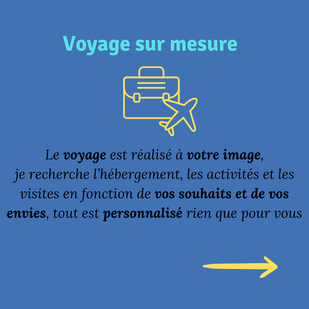 ALT" voyage sur mesure : Le voyage est réalisé à votre image, je recherche l’hébergement, les activités et les visites en fonction de vos souhaits et de vos envies, tout est personnalisé rien que pour vous"